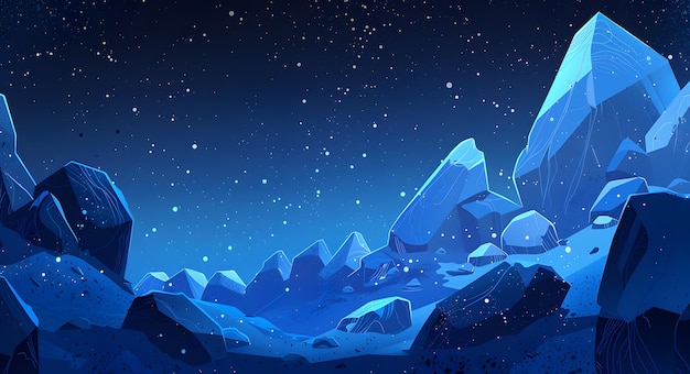 Night landscape with mountains stars and snowflakes