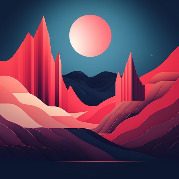 Night landscape with mountains and sun Vector illustration in paper cut style