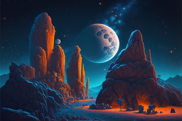 Night landscape with neon moon and rocky cliffs Colorful cartoon modern illustration good for your design AI