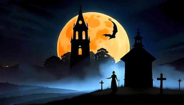 Night landscape with old graveyard and full Moon Generative AI illustration background for Halloween