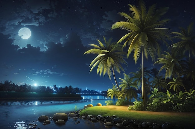 Ночной пейзаж с рекой и кокосовым деревом