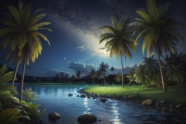 Photo night landscape with river and coconut tree