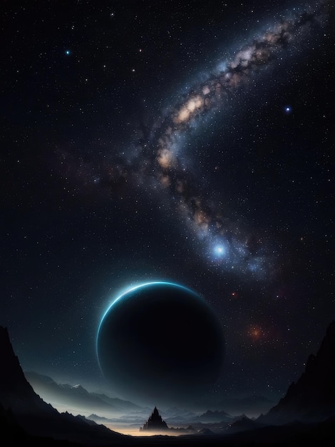 Ночной пейзаж со звездным небом Планета космос Иллюстрация