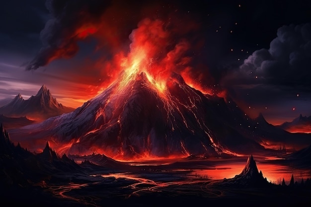 Foto paesaggio notturno con vulcano e lava in fiamme