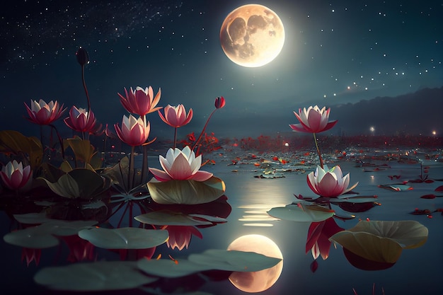 月を背景に沼地に睡蓮が咲く夜景