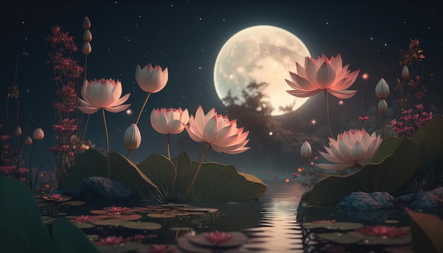 Night landscape with water lilies in a swamp against the background of the moon