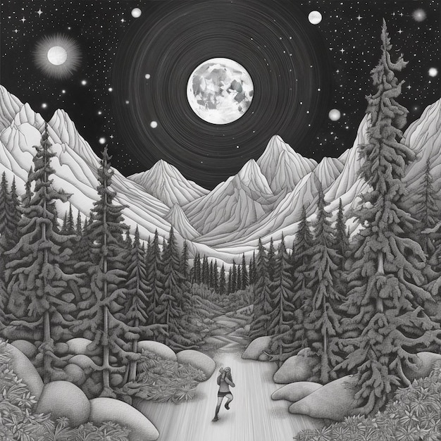 night landscep forats and moon illustration