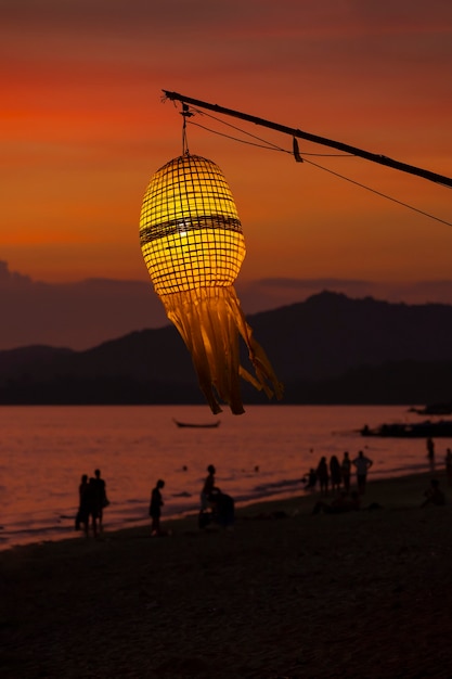 Night latern. Beautiful twilight seascape with islands on horizon. Thailand, Krabi.