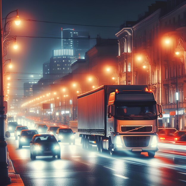 Night lights of truck and cars on city street