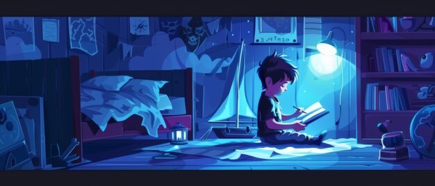 夜子供の部屋の床に座ってバナナで本を読んでいる小さな男の子このアニメの部屋は海賊船を描いておりベッドはセーリングボートとボートです... 続きを読む →