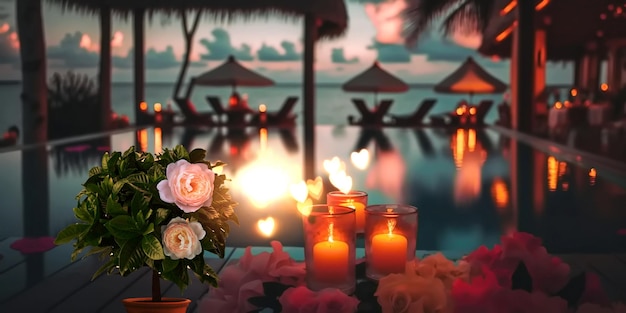 night Luxury resort poool glasses of wine and candles with tropic roses flowers spa relaxing