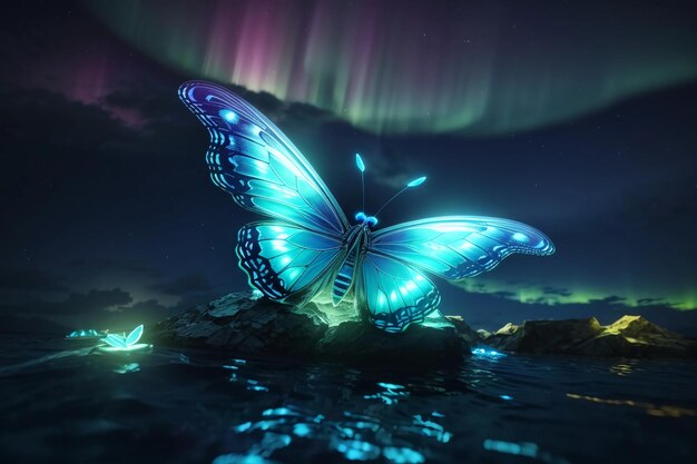 Night magic dance of luminous insects on the coast coming out of the sea