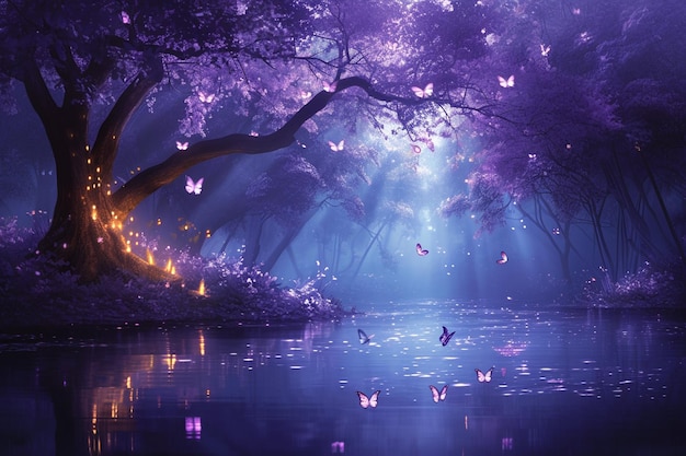 Ночной волшебный лес со светящимися светлячками и бабочками над мистическим фиолетовым прудом под деревьями