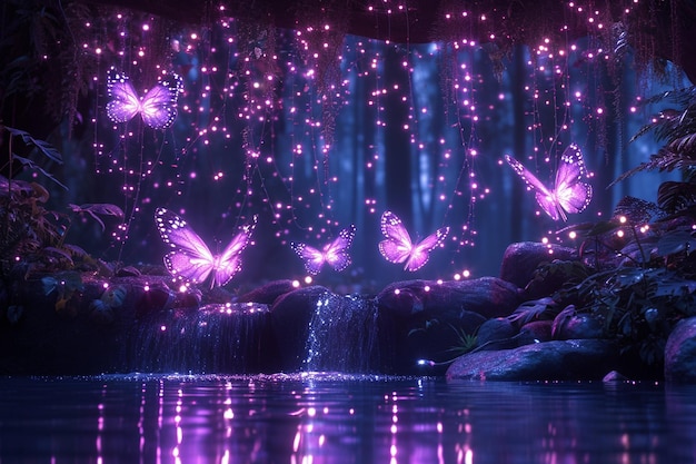 Night magic forest with glowing fireflies and butterflies over mystic purple pond under trees