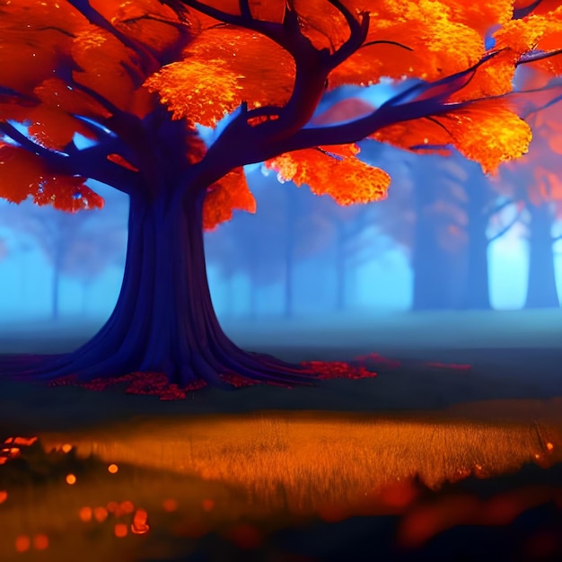 Ночной волшебный фэнтезийный лес Лесной пейзаж оранжево-коричневое дерево волшебные огни в лесу