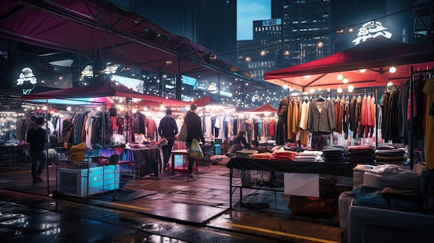 Night market with bright neon stalls