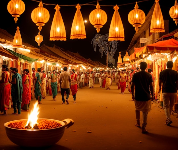 A night market with a fire in the middle