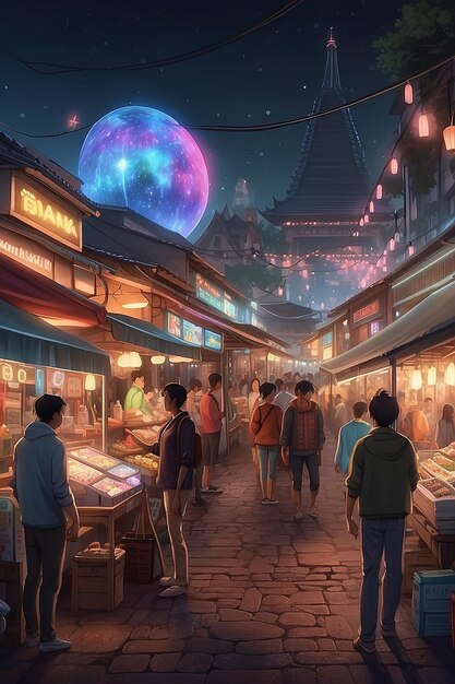 A night market with stalls selling holographic art and virtual collectibles