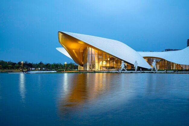 at night the modern architecture of tianfu culture and art center in chengdu china
