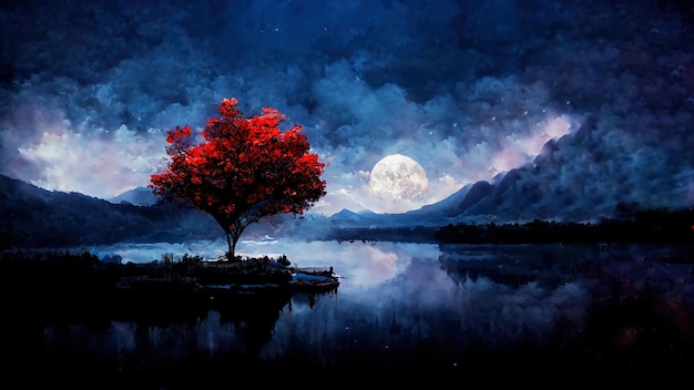 night moon lake tree mountain clouds scenery digital art 4k