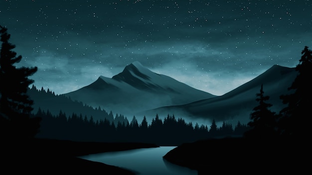 Night in mountain forest illustration The sky is cloudy and full of stars