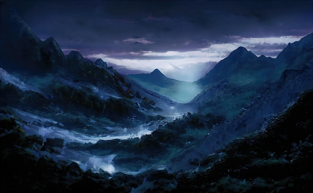 Night in mountains fabulous landscape of mountain peaks Moonlight illuminates the mountain slopes at night Magical nature illustration