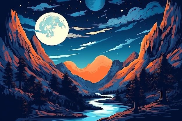 A night in the mountains with a moon and stars