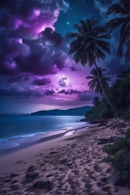 보라색 구름 하늘과 달과 함께 자연 정글 해변의 밤