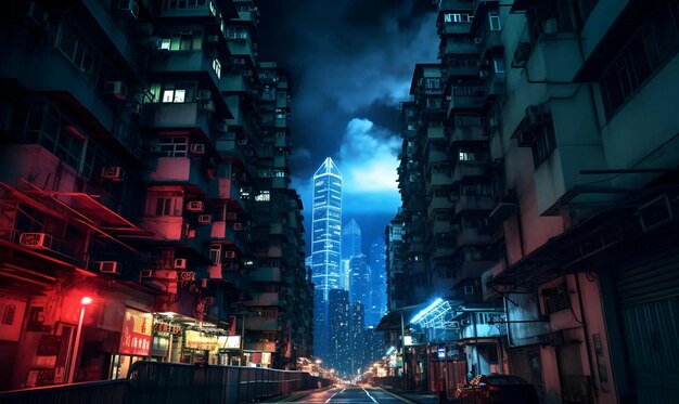 Ночной вид на улицу Нэн на небоскребы Гонконга