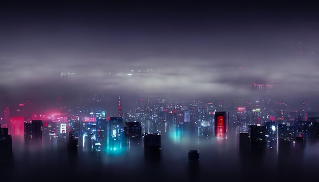 Night neon city view from above Night lights of signboards reflection in the water Abstract city 3D illustration