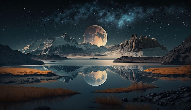 Night ocean landscape full moon and stars shine generative ai