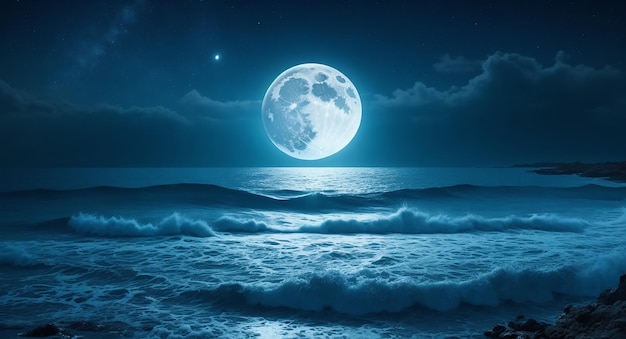 夜の海の風景満月と星が輝く