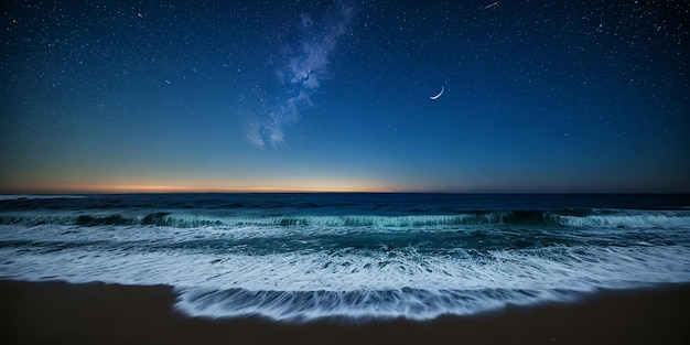 Ночной океан пейзаж полная луна и звезды сияют
