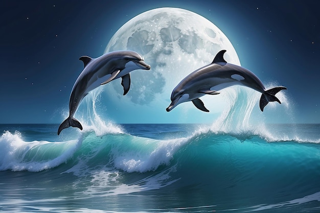 Photo night ocean with a pair of beautiful dolphins leaping from sea on surfing wave and full moon shining on tropical background