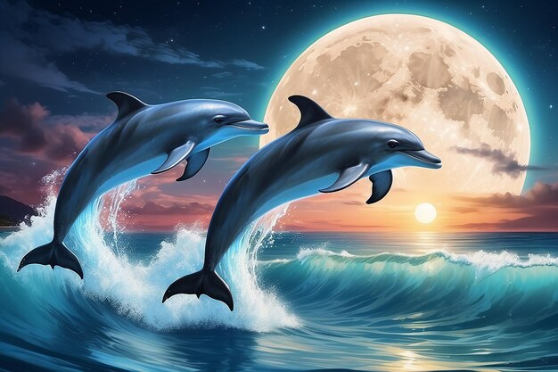 Photo night ocean with a pair of beautiful dolphins leaping from sea on surfing wave and full moon shining on tropical background