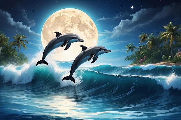 Photo night ocean with a pair of beautiful dolphins leaping from sea on surfing wave and full moon shining on tropical background