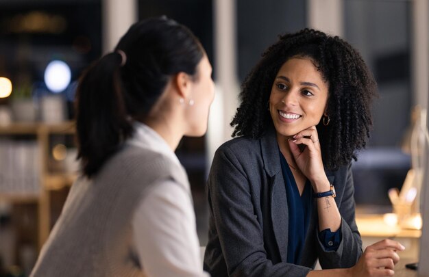 Photo night office and business meeting women with teamwork collaboration and brainstorming global marketing ideas for client negotiation corporate employees in dark workplace for strategy communication