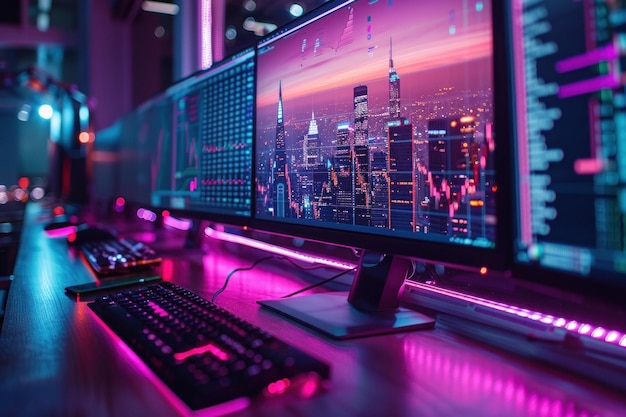 Night office of a company of traders with monitors with graphs and charts