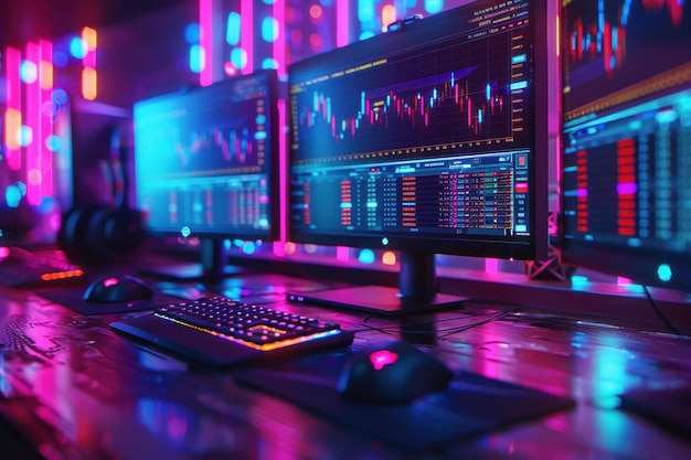 Night office of a company of traders with monitors with graphs and charts