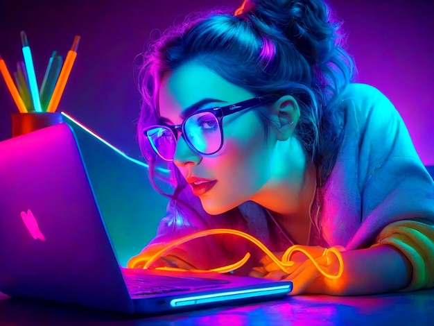 Night Online Work A woman in glasses using laptop in colorful neon lights AI_Generated