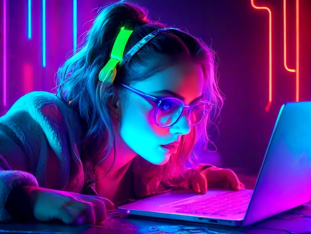 Night Online Work A woman in glasses using laptop in colorful neon lights AI_Generated