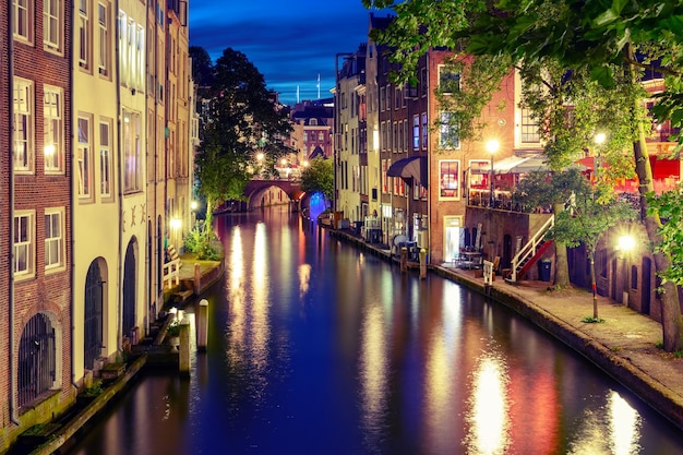 Night Oudegracht and bridge Utrecht Netherlands