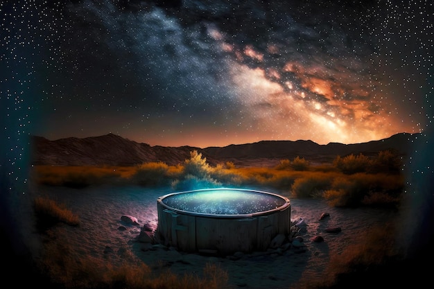 Night outdoor hot tub illuminated by moonlight and stars