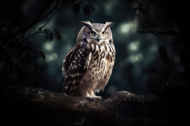 Night owl on branch under full moon Mystery and wisdom generative IA