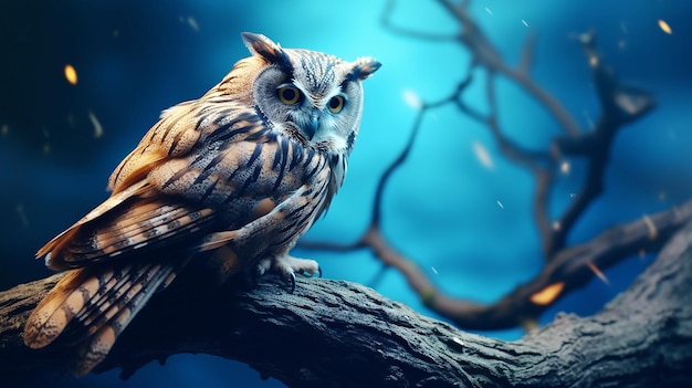 Night owl perched on spooky tree branch background