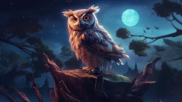 A night owl sits on a tree stump with a full moon in the background.