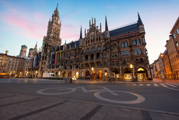 Night panorama of Marienplatz and Munich city hall in Munich, Germany.