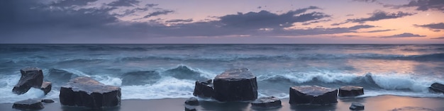 岩の多い海岸に打ち寄せる海の波と水中の前景にある大きな石の夜景のパノラマ 海景のイラスト ジェネレーティブ AI