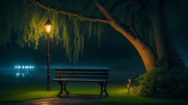 A night in the park late autumn night in the park wood benches and park alley horizontal photogra