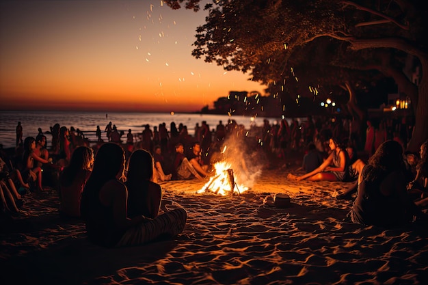 Night party on the beach with dance and bonfires generative IA